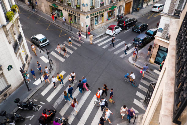 Pedestrian Crossing at Street Intersection in Paris stock photo