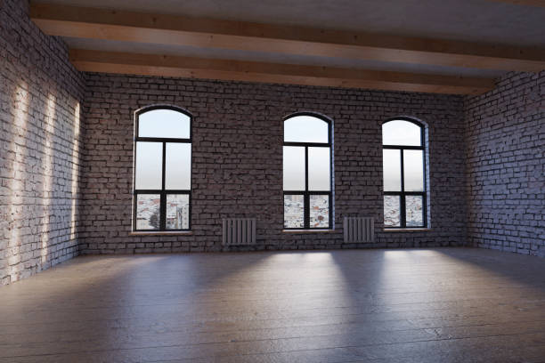 3d rendering of empty studio loft with white bricks 3d rendering of empty studio loft with white bricks space heater stock pictures, royalty-free photos & images