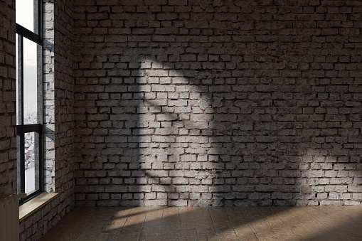 3D rendering of blank white brick wall with old parquet floor in loft