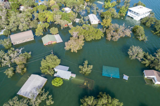 Houses completed Flooded Historic Flooding in Central Texas Homes under water flood plain photos stock pictures, royalty-free photos & images