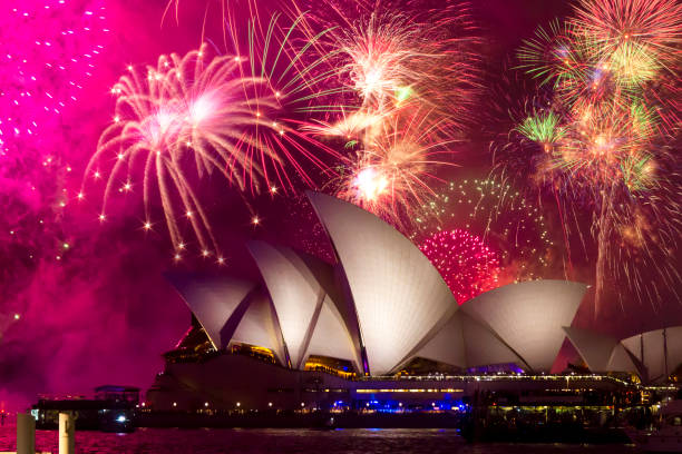 Sydney, Australia - 1 January, 2018: A view of Sydney Opera House at 2018's Annual Fireworks Welcome Show.