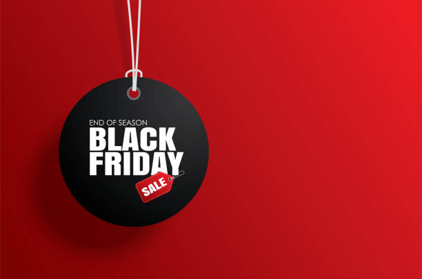 stockillustraties, clipart, cartoons en iconen met zwarte vrijdag verkoop label cirkel banner en het touw opknoping op rode achtergrond - black friday