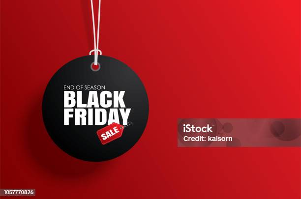 黑色星期五銷售標籤圓圈橫幅和掛在紅色背景的繩子向量圖形及更多黑色星期五 - 購物活動圖片 - 黑色星期五 - 購物活動, 大減價, 標籤