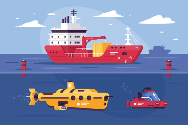 Water transport for carriage of goods, exploring sea. Water transport for carriage of goods, exploring sea. Concept ship, boat, submarine, bathyscaphe in the ocean. Vector illustration. underwater exploration stock illustrations