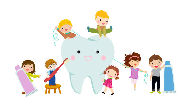 kinder, die zahnreinigung mit zahnbürste - human teeth child smiling family stock-grafiken, -clipart, -cartoons und -symbole