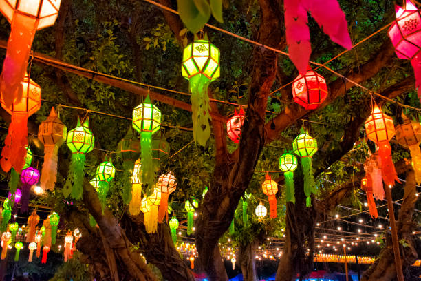 istock Colorful paper lamps at night 1057784852