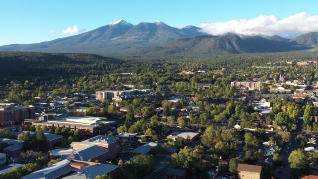 Aerial drone view of Flagstaff mountain, a hilly city at 7000 ft elevation