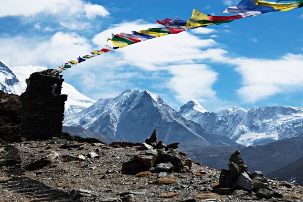 istock prayer flags and top view of high mountain 1057788146