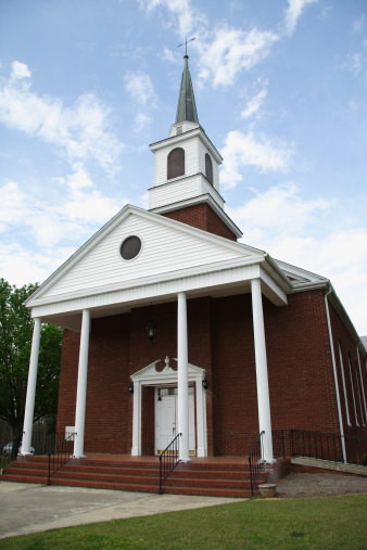Mount Pleasant, SC, USA - June 10, 2022: Built in 1854, a Greek Revival style church located in the Mount Pleasant Historic District, it was renamed Mount Pleasant Presbyterian Church in 1870.
