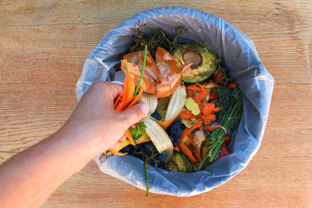 rifiuti domestici per compost da frutta e verdura. la donna getta spazzatura. - spazzatura foto e immagini stock