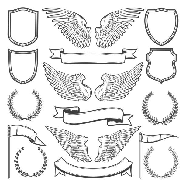 skrzydła heraldyczne, tarcze i wstążki, wektorowe - phoenix tattoo bird wing stock illustrations