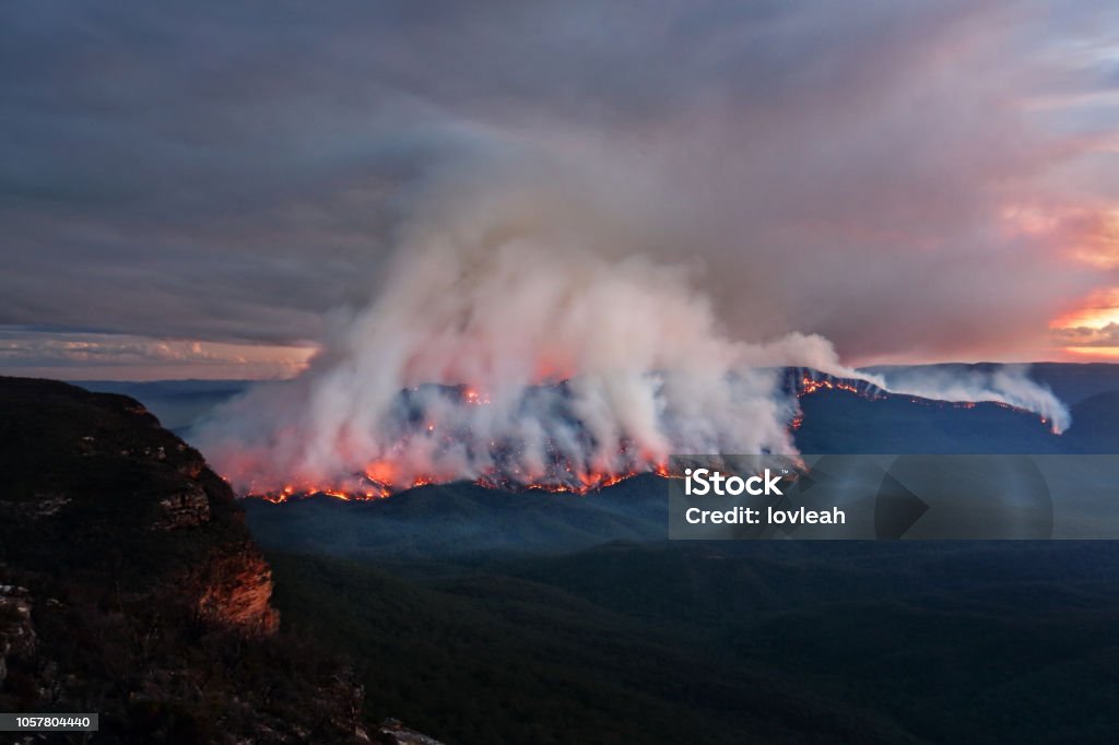 Mount Solitary burning in Blue Mountains, Australia Views of the bush fire at Mount Solitary in Blue Mountains after sunset at dusk light Forest Fire Stock Photo