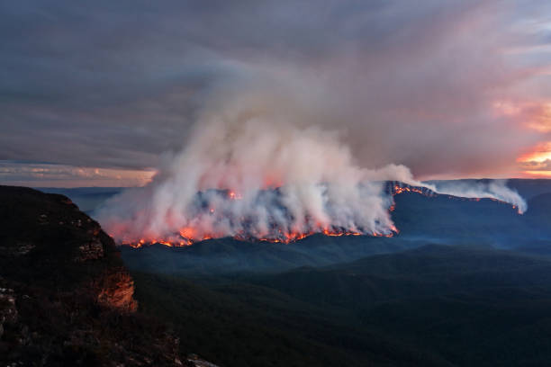 Mount Solitary burning in Blue Mountains, Australia Views of the bush fire at Mount Solitary in Blue Mountains after sunset at dusk light wildfire smoke stock pictures, royalty-free photos & images