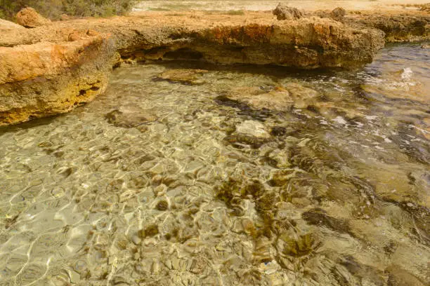 Photo of rocky coast of the Middle Sea with clear transparent water