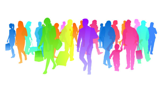 To Each Its Own Colour Crowd Large crowd of people in rainbow colored silhouettes silhouette mother child crowd stock illustrations