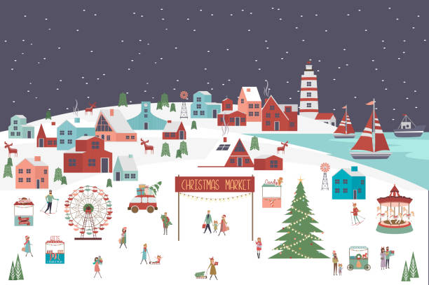 겨울 풍경, 크리스마스 시장, 활동적인 사람와 귀여운 메리 크리스마스 인사말 카드 - christmas village urban scene winter stock illustrations