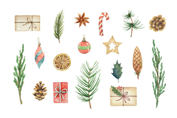 ilustrações, clipart, desenhos animados e ícones de aquarela vector que conjunto de natal com presentes, bolas e ramos de abeto. - group of objects christmas ornament christmas decoration