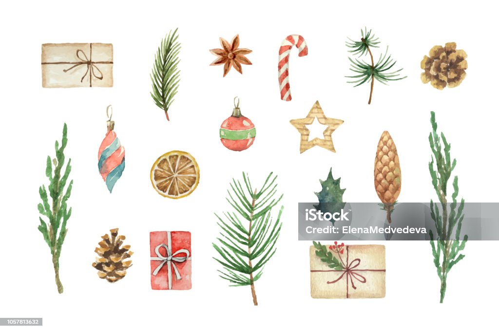Watercolor vector Christmas set with fir branches, balls and gifts. Watercolor vector Christmas set with fir branches, balls, gifts and gifts. Illustration for your holiday design isolated on a white background. Watercolor Painting stock vector