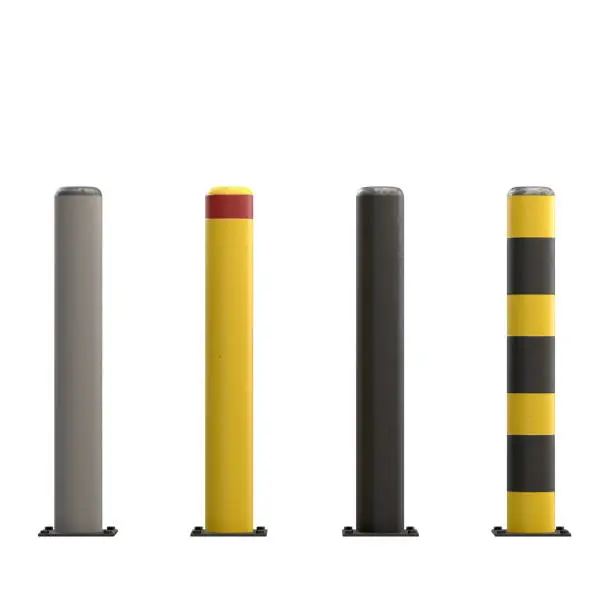 Urban street bollards isolated on white background. Stainless steel and painted in black and yellow. City construction architecture. Barrier for sidewalk and road 3D render Illustration