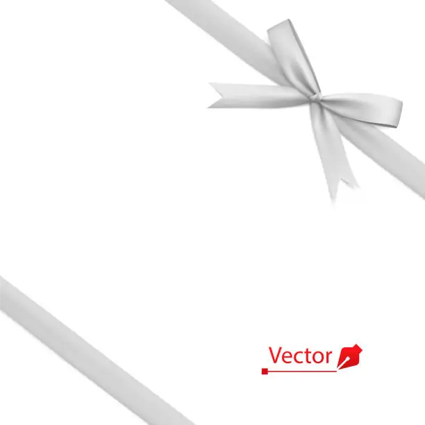 Vector illustration of White bow with diagonally ribbon on the corner. Vector tie.