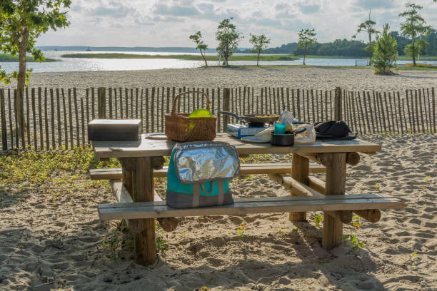 pique-nique sur la plage au coucher du soleil, de nourriture et de boisson de conception - beach table peach fruit photos et images de collection