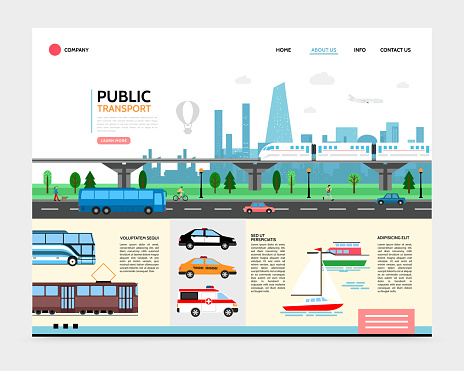 Flat city transport landing page template with subway tram bus boat police ambulance taxi cars urban road traffic vector illustration