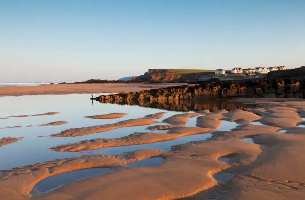 Summerleaze Beach, Bude Cornwall, at low tide, just after sunrise on a sunny October morning.