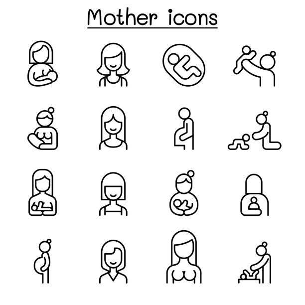 ilustraciones, imágenes clip art, dibujos animados e iconos de stock de madre y mujer icono establecen en estilo de línea fina - madre