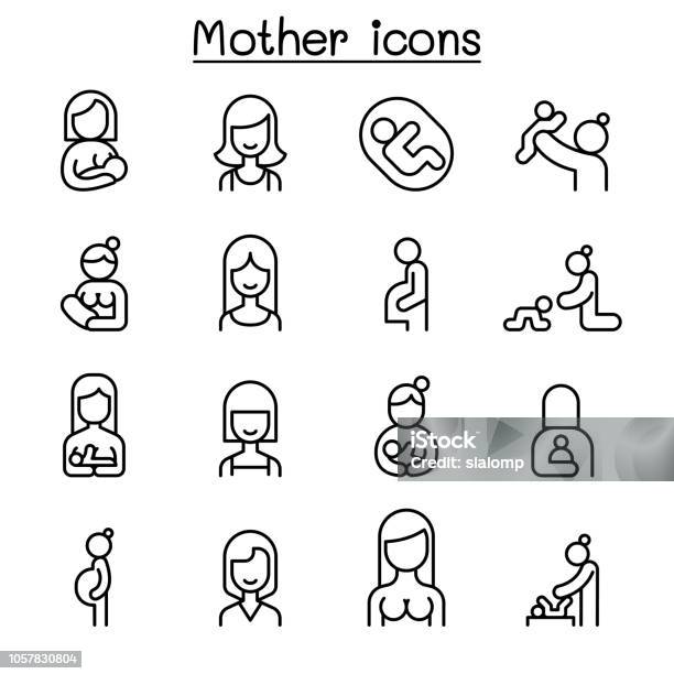 Mother And Woman Icon Set In Thin Line Style Stock Illustration - Download Image Now - Icon Symbol, Mother, Pregnant