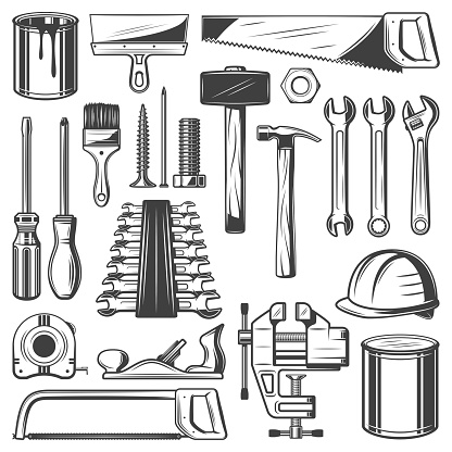 Construction and house repair tool retro icons. Screwdriver, hammer and spanner, wrench, paint and brush, saw, spatula and measure tape, screw, nail and hard hat, jack plane and clamp sketch