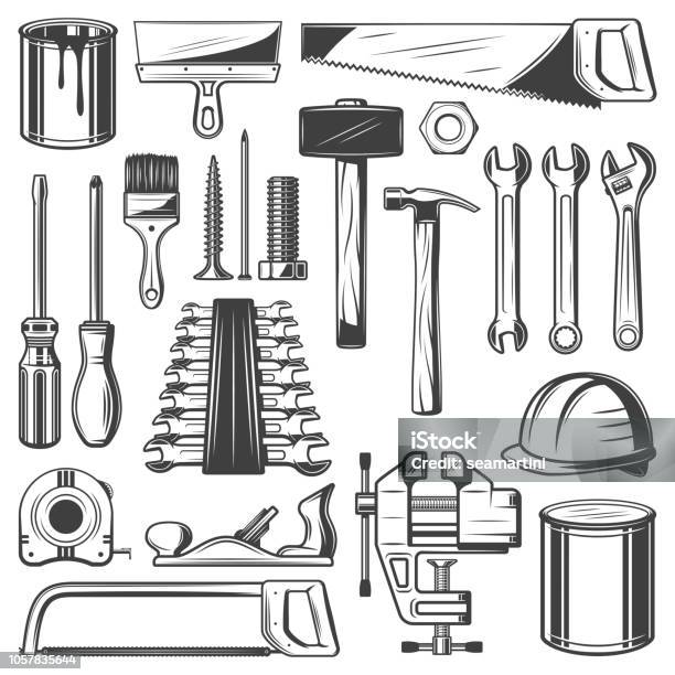 Construction House Repair Or Carpentry Tool Icons Stock Illustration - Download Image Now - Work Tool, Gardening Equipment, Hammer