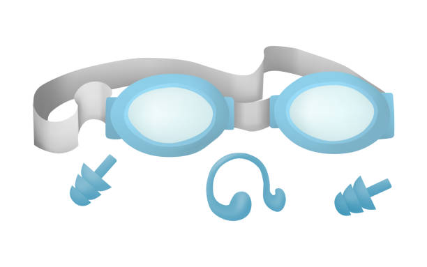 Swimming goggles and earplugs. Swimming goggles and earplugs. Immersion under water. Vector illustration. cartoon of a swimming goggles stock illustrations