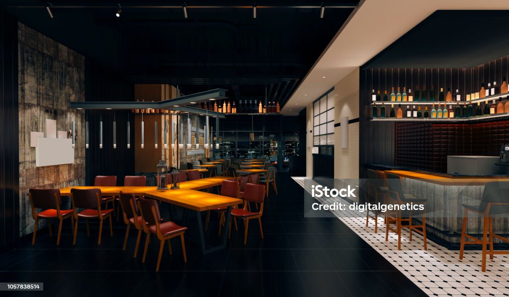 render 3D estilo café pub loft, interior - Foto de stock de Restaurante libre de derechos