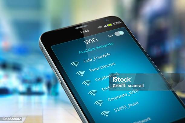 List Of Wifi Networks On Smartphone In The Shopping Mall Stock Photo - Download Image Now