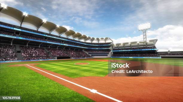 Sunny Baseball Stadium With Fans At Daylight Stock Photo - Download Image Now - Baseball - Sport, Stadium, Match - Sport