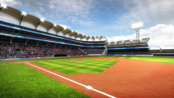 sunny baseball stadium with fans at daylight - field baseball grass sky imagens e fotografias de stock