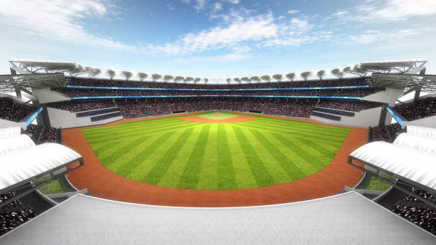 super baseball-stadion mit fans bei tageslicht - baseball player baseball outfield stadium stock-fotos und bilder