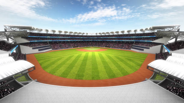 incredibile stadio di baseball con i fan alla luce del giorno - baseballs baseball grass sky foto e immagini stock