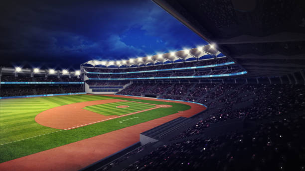baseball stadium with fans under roof tribune view - field baseball grass sky imagens e fotografias de stock