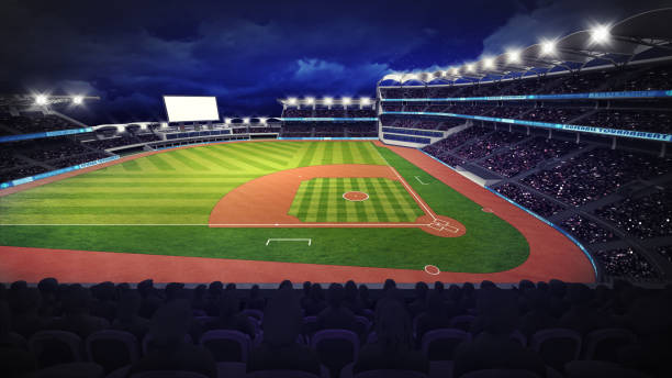 baseball-stadion mit grünen rasen-spielplatz - baseball player baseball outfield stadium stock-fotos und bilder