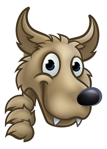 A wolf animal cartoon character mascot peeking around sign