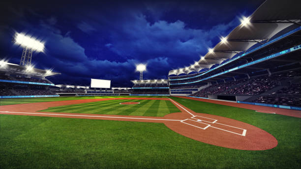 istock illuminated modern baseball stadium with spectators and green grass 1057839422