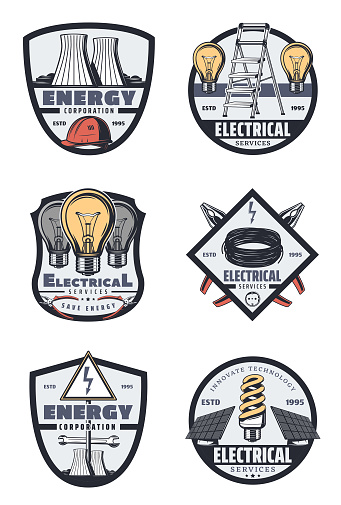 Electrical service retro badges of energy industry. Light bulb, cable and pliers, nuclear power station, solar energy battery, hard hat and stepladder on shields for emblem or symbol design