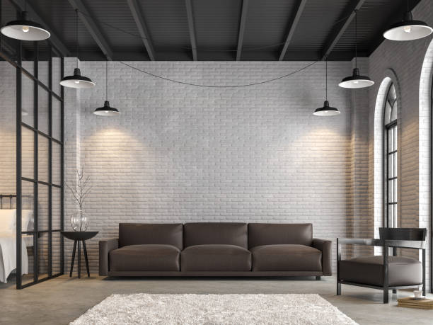 Loft living room and bedroom 3d render Loft living room and bedroom 3d render,There are white brick wall,polished concrete floor.Furnished with dark brown leather sofa ,There are arch shape windows sunlight shining into the room. dirty old couch stock pictures, royalty-free photos & images