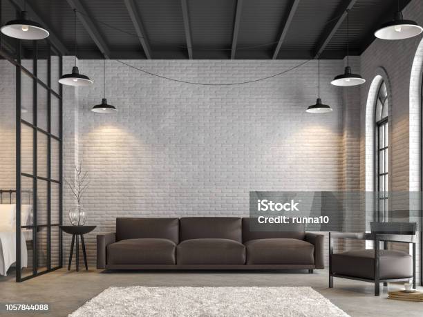 Loft Living Room And Bedroom 3d Render Stock Photo - Download Image Now - Living Room, Sofa, Wall - Building Feature