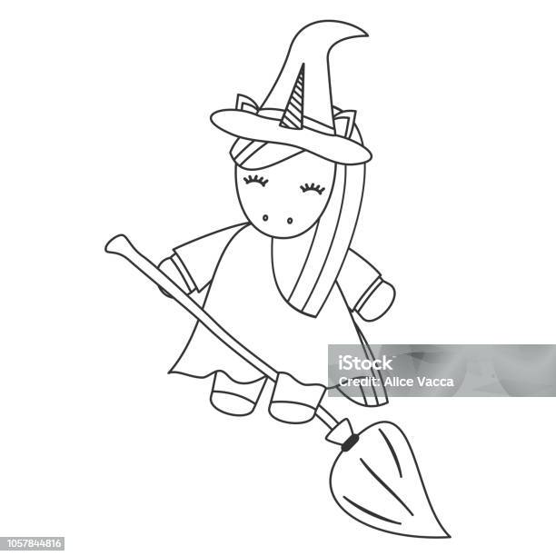 Cute Cute Cartoon Unicorn Witch Flying On Broom Halloween Black And White Vector Illustration Stock Illustration - Download Image Now