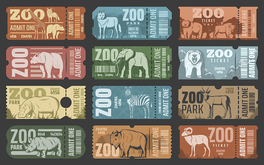 Zoo tickets template design with african and forest animal. Retro grunge admit one card or coupon with african safari lion, elephant and giraffe, bear, zebra and rhino, hippo, antelope and bison