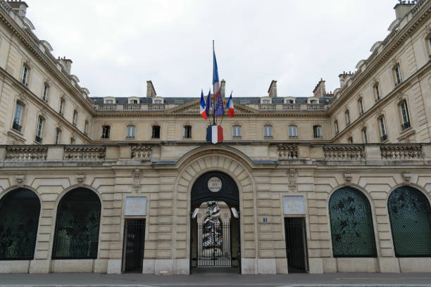French and European flags standing at the entrance of the saving account bank in Paris, France stock photo