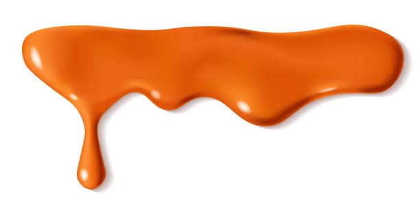 Melted caramel sauce drop Melted caramel drop of sweet sauce isolated on white background. Orange or brown paint stains design. Vector illustration. Realistic horizontal leaking syrup dripping caramel stock illustrations