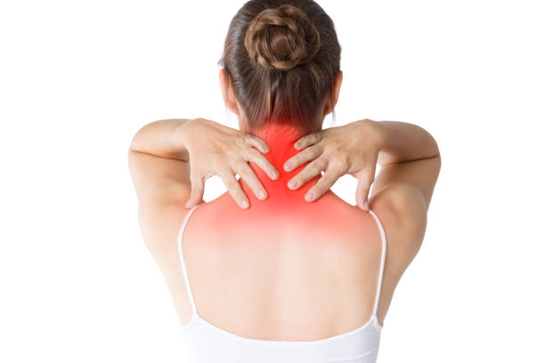 istock Neck pain, woman with backache isolated on white background 1057850708